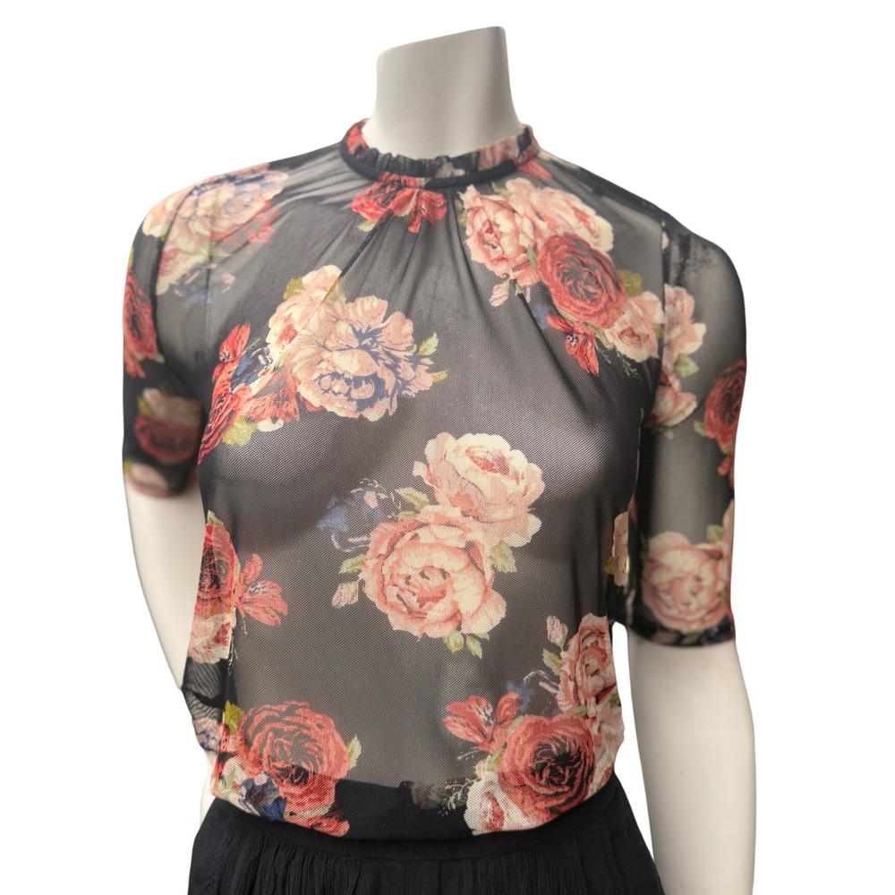 Floral Sheer Mesh Mock Neck Top Ruffle Black Dark Romance Whimsigoth Feminine M